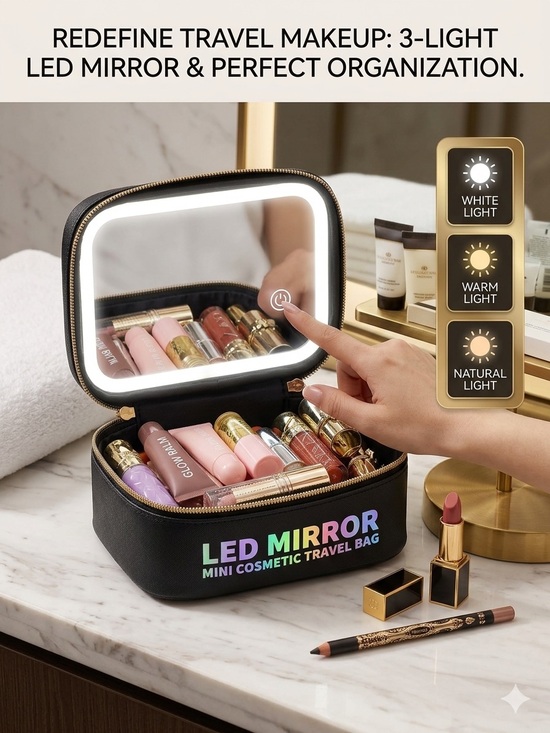 Other - LED Mirror Mini Cosmetic Travel Bag - Black with Rainbow Logo